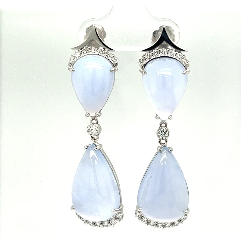 Aquamarine Earrings-14K White Gold 30.88 CTW Chalcedony and Diamond Dangle Earrings