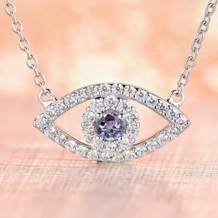 Simple Pendant Necklaces-Evil Eye Alexandrite Necklace- Sterling Silver