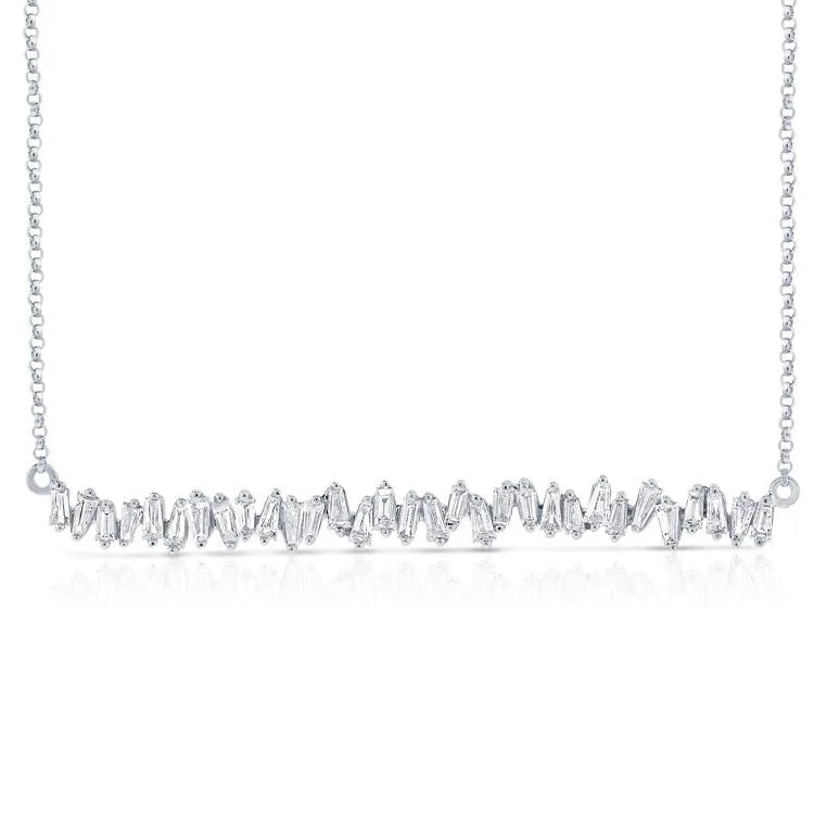 Classic Necklaces-14K White Gold Staggered Baguette Diamond Bar Necklace