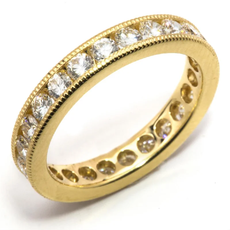 Small Rings-Round Diamond Eternity Milgrain Anniversary Band Ring 18K Yellow Gold