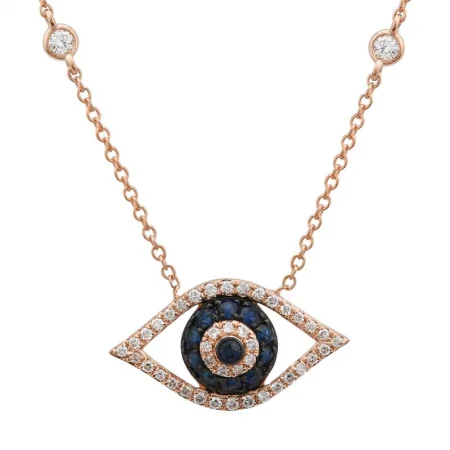 Vintage Silver Necklaces-14K Rose Gold Diamond + Blue Sapphire Evil Eye Necklace