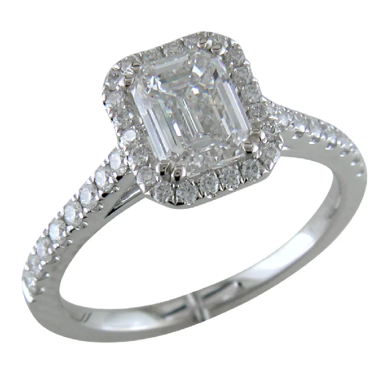 Statement Diamond Rings-Emerald Cut Diamond Halo White Gold Engagement Ring