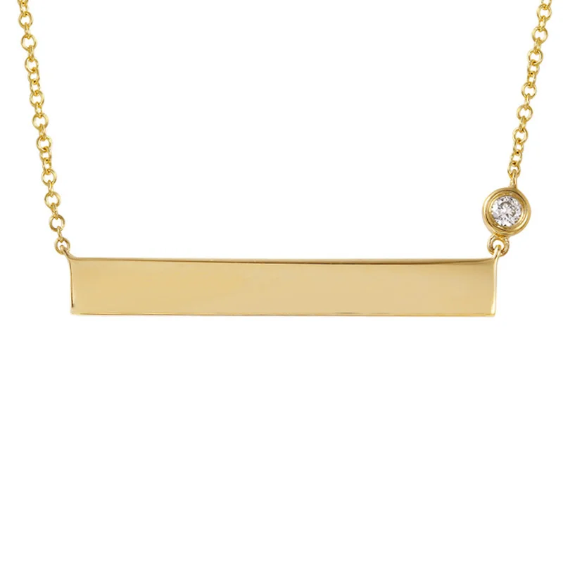 Short Necklaces-14k Yellow Gold ID Plate Necklace with Diamond Chain