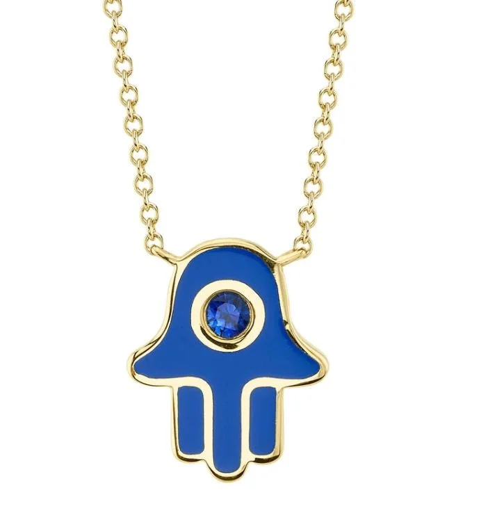 Simple Necklaces-14K Yellow Blue Sapphire & Blue Enamel Hand Of God Necklace