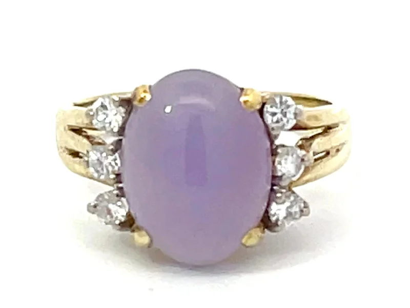 Gold Rings-Lavender Jade and Diamond Ring in 14k Yellow Gold