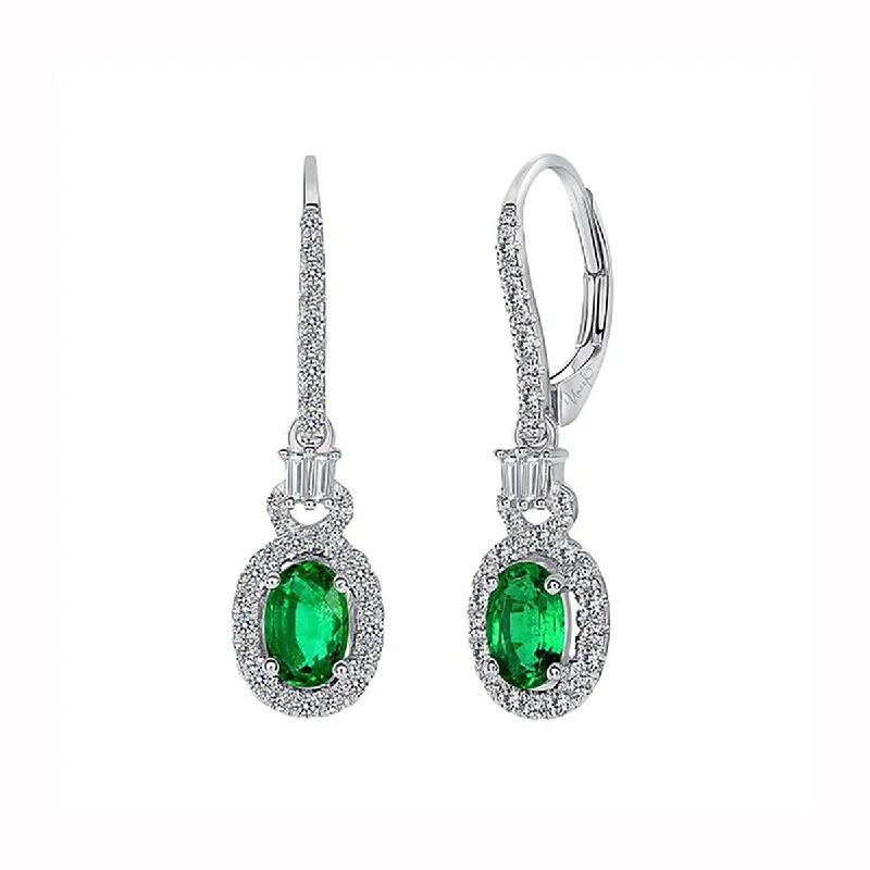 Natural Earrings-Halo Oval Shaped Emerald Dangle Earrings