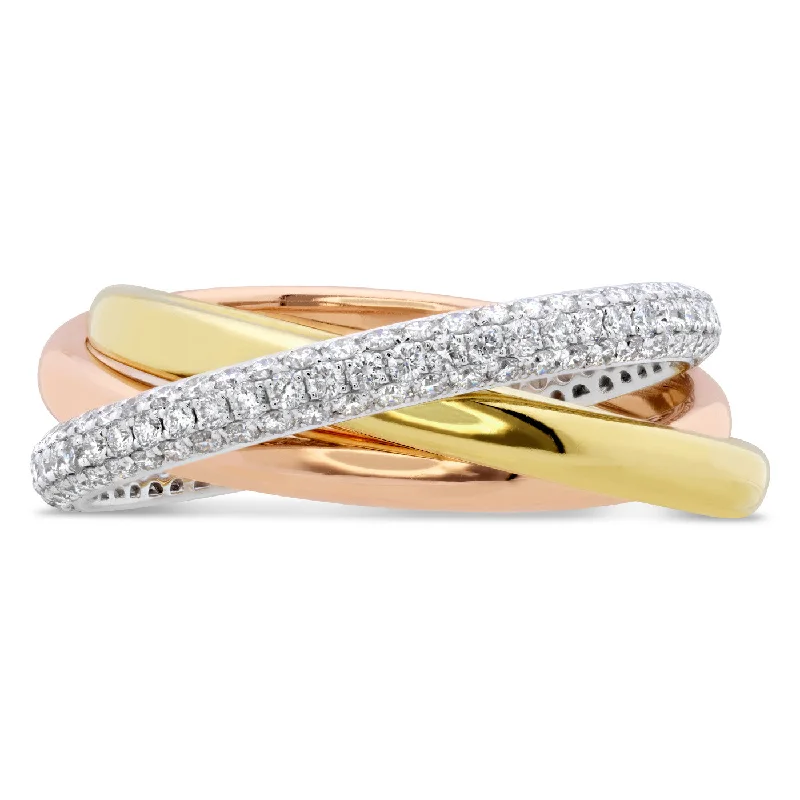 Crystal Rings-Memoire 18k Gold Tricolor Three-Row Pave set Diamond Rolling Ring