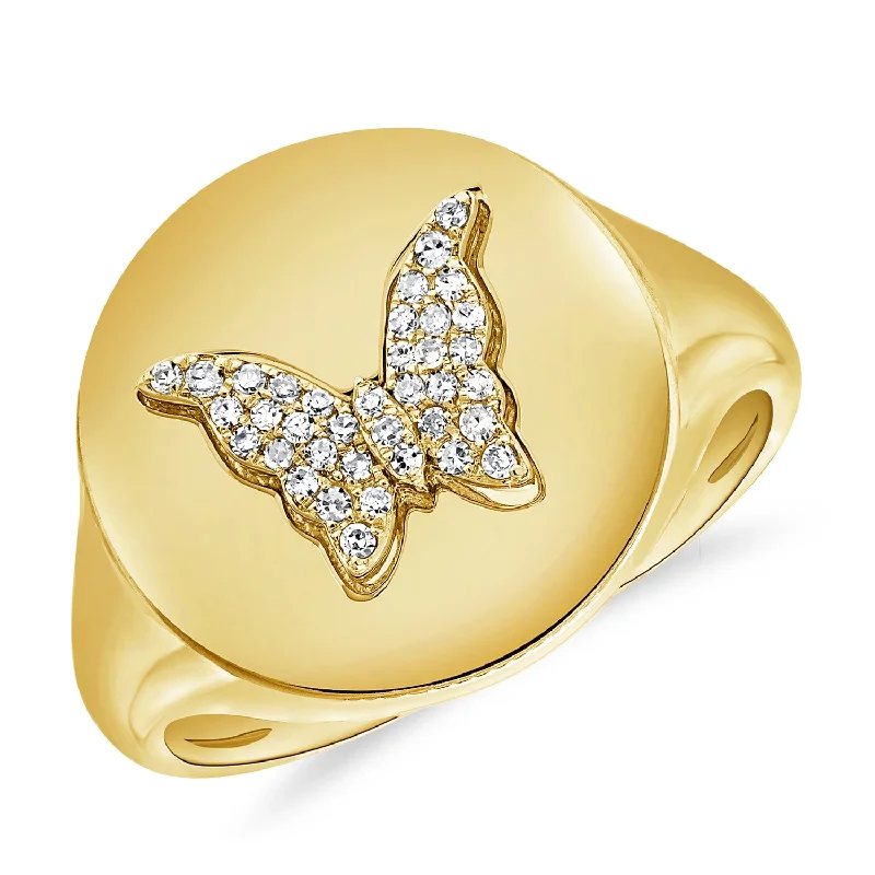 Large Gemstone Rings-Diamond Pave Butterfly Design Pinky Ring set in 14kt Gold