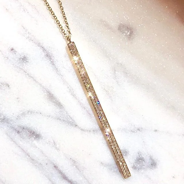 Simple Silver Necklaces-14K Yellow Gold Diamond Long Bar Drop Necklace