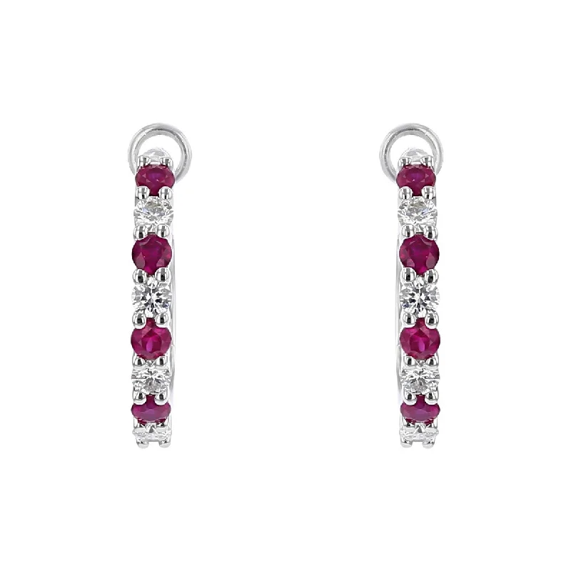 Minimalist Earrings-White Gold Ruby and Diamond Hoop Earrings