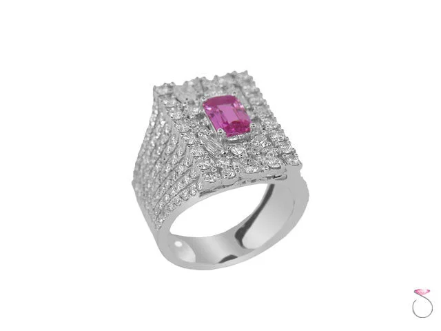 Classic Gold Rings-Emerald Cut Pink Sapphire & Diamond Ring in 18K