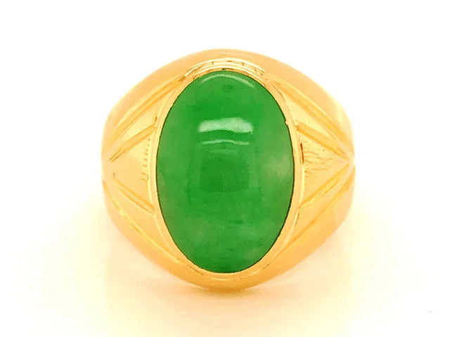 Pearl Rings-Oval Cabochon Green Jade Mens Pinky Ring -14k Yellow Gold