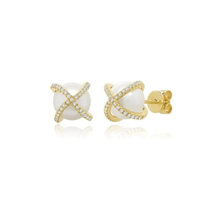 Stud Earrings-Diamond and Pearl "X" Earrings