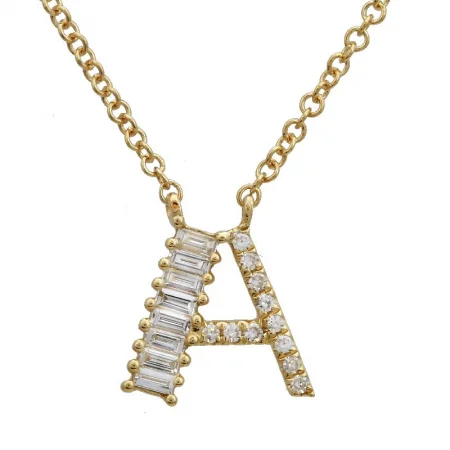 Statement Pendant Necklaces-14K Yellow Gold Round & Baguette Diamond Initial Necklace