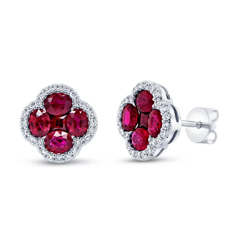 Gem Stud Earrings-56 0.223ct Round Diamonds and 10 1.93 Oval and Princess Cut Rubies Earrings in 18K White Gold