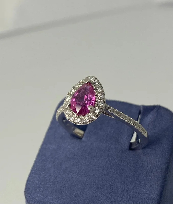 Eternity Diamond Rings-White Gold Pear Shape Natural Pink Sapphire and Diamond Ring