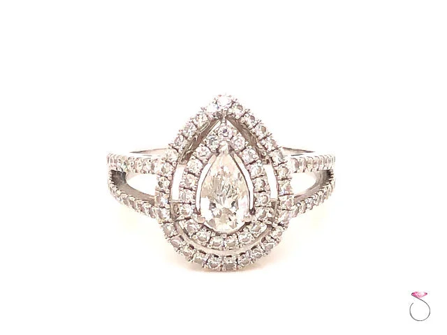 Luxury Rings-Pear Shape Diamond Engagement Double Halo Ring With Split Shank, 1.08 Carats