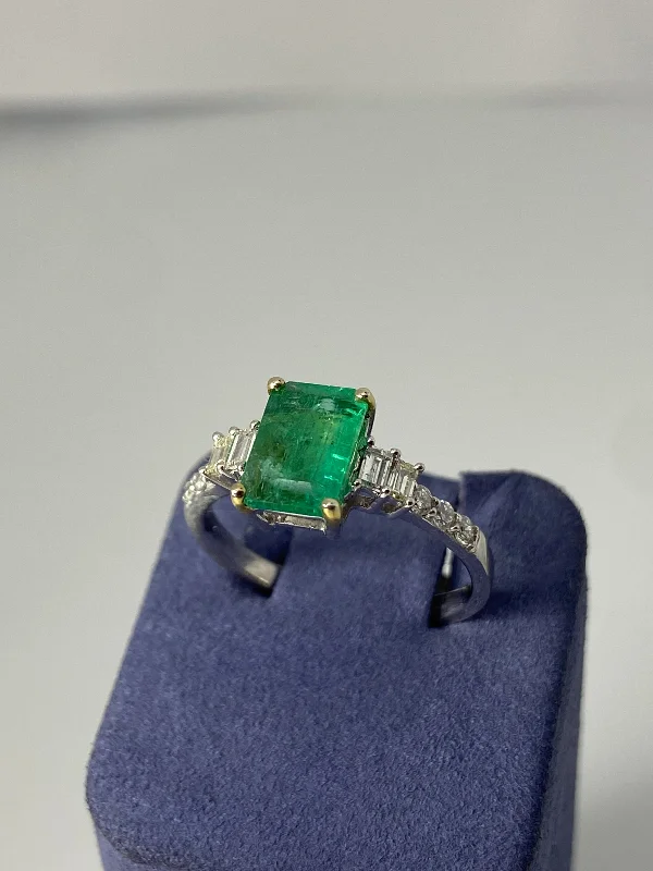 Gold Solitaire Rings-White Gold Emerald-Cut Natural Emerald and Diamond Ring