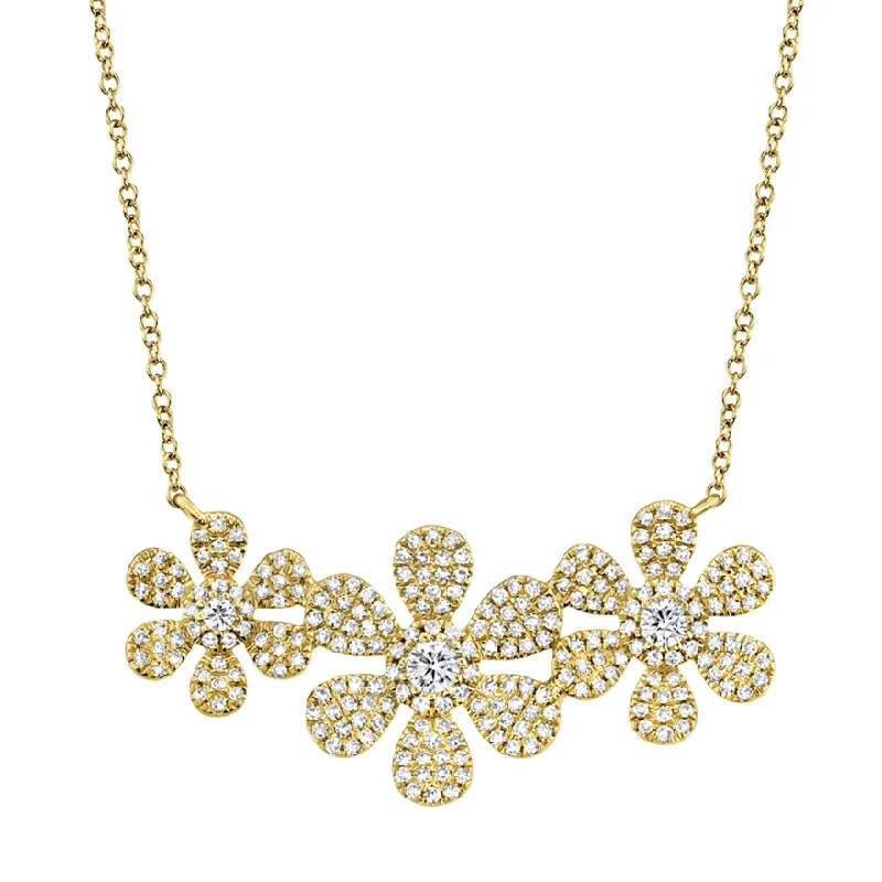 Family Name Necklaces-14K Yellow Gold Diamond Tri-Flower Necklace