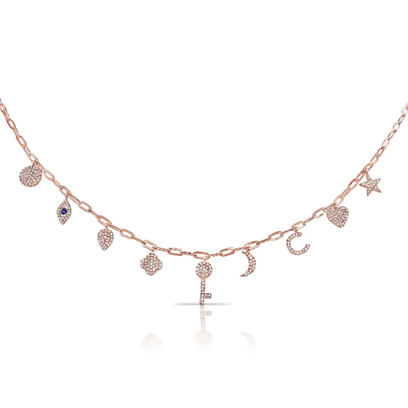 Large Statement Necklaces-14K Rose Gold Diamond + Sapphire Charm Necklace