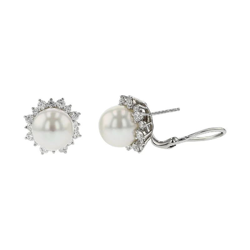 Diamond Earrings-White South Sea Pearl and Diamond Stud Earrings in White Gold