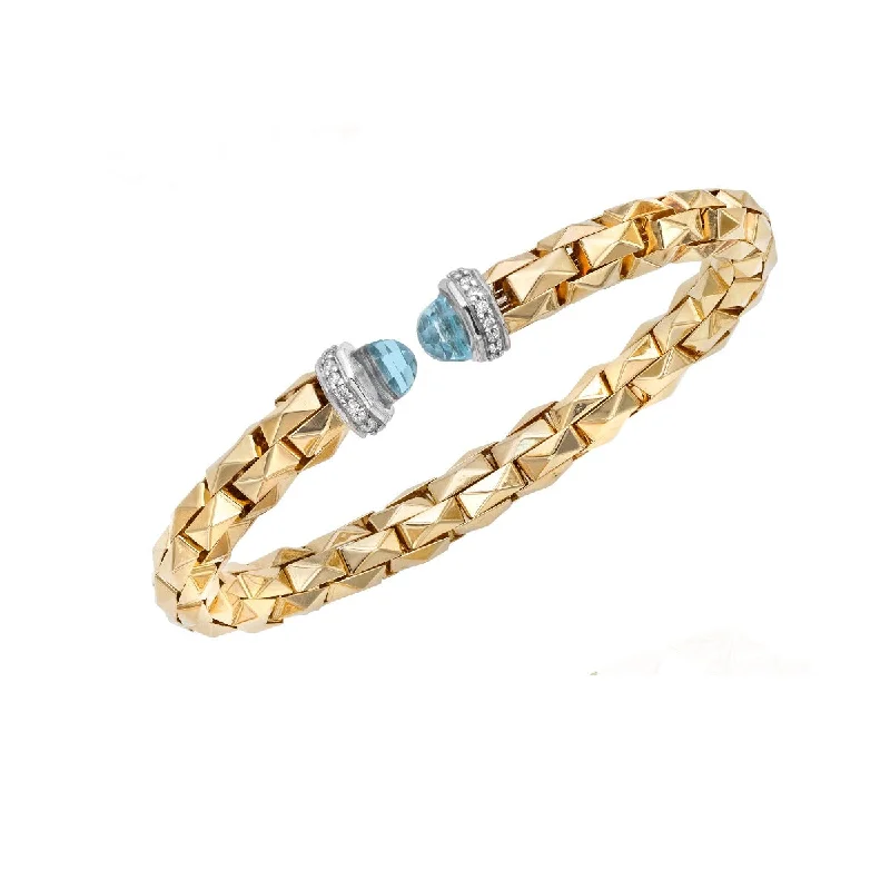 Adjustable Bangles-14K Yellow Gold .30CT Diamond & Blue Topaz Pyramid Cuff Bangle TBG8225