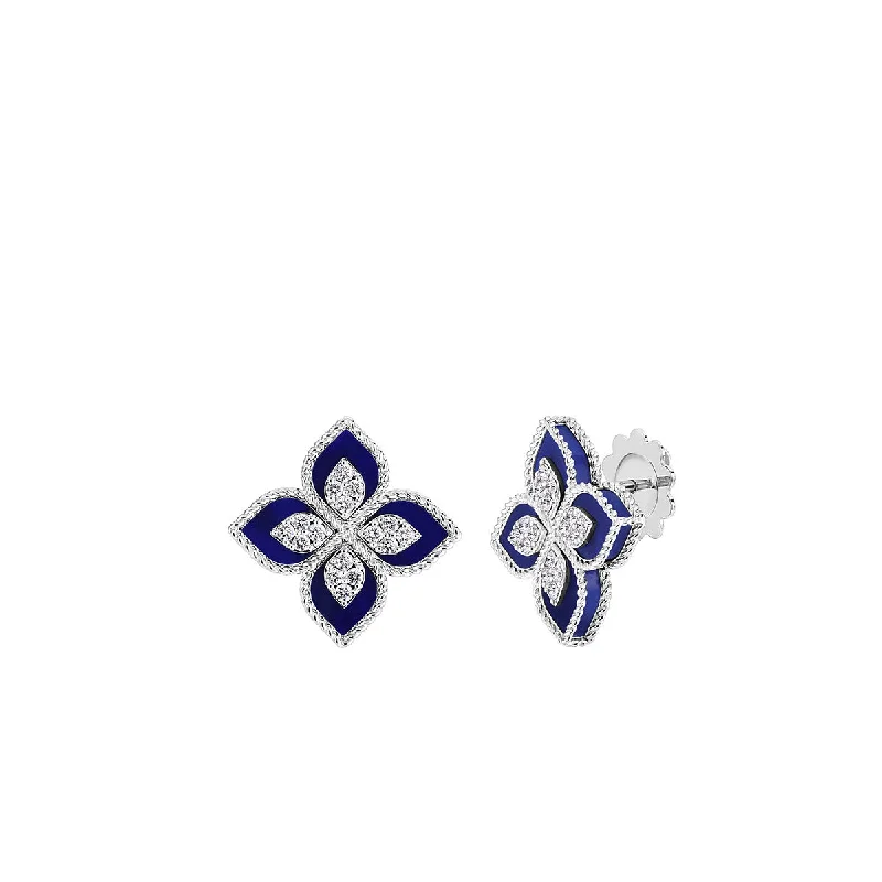 Tribal Earrings-18K White Gold Blue Lapis and Diamond Flower Earrings