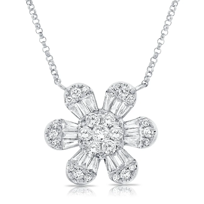 Luxury Gold Necklaces-14K White Gold Baguette Diamond Large Flower Necklace