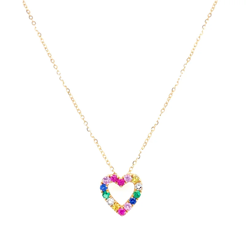 Rose Gold Necklaces-14K Yellow Gold Diamond Multi Gemstone Open Heart Necklace