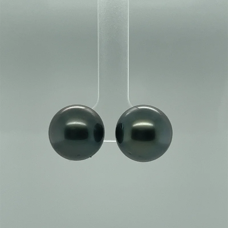 Silver Earrings-14mm Black Tahitian Pearl Stud Earrings