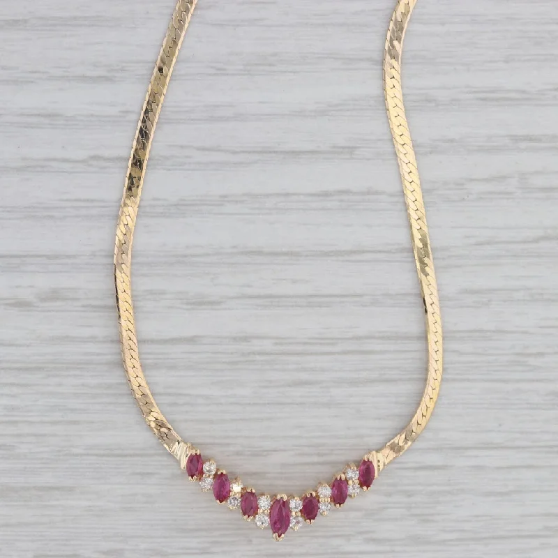 Art Deco Necklaces-1.14ctw Diamond Ruby V Necklace 14k Yellow Gold 15.5" Herringbone Chain