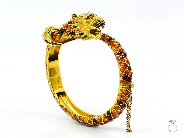 Halo Rings-Vintage Italian Tige Enamel Diamond Bangle Bracelet, 18K Yellow Gold