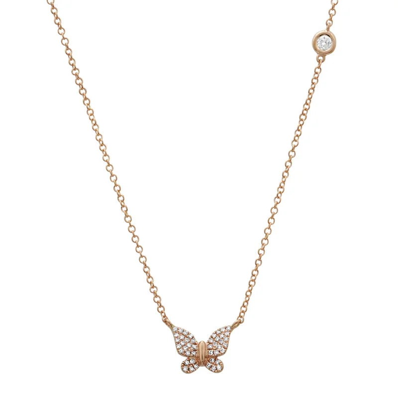 Aquamarine Necklaces-14K Rose Gold Butterfly Necklace with Diamond Bezel Chain