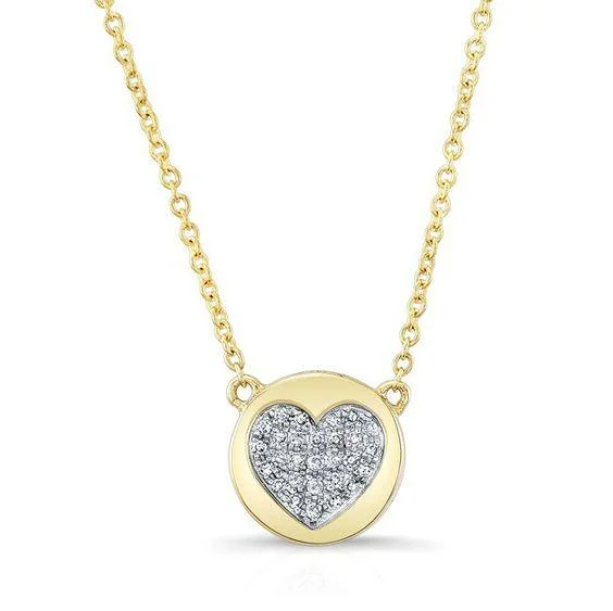 Thick Necklaces-14K Yellow Gold Diamond Double Sided Disc and Pave Heart Pendant