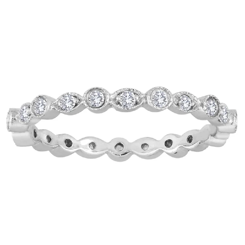 Custom Engagement Rings-Stackable Alternating Bezel & Leaf Diamond Wedding Eternity Band Ring with Milgrain