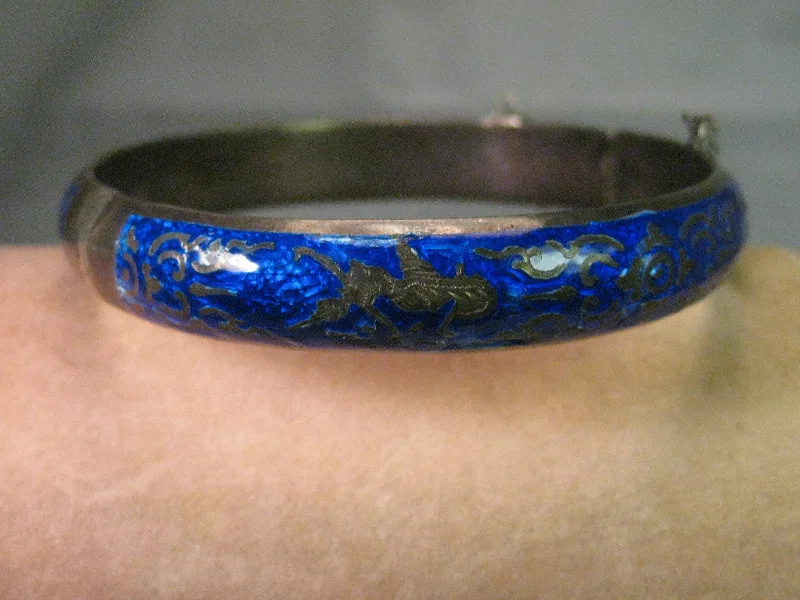 Simple Bangles-Vintage Siam Hinged Bangle Bracelet, Blue Enamel, Sterling Silver, 7.25"