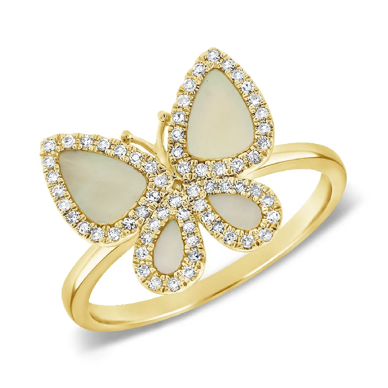 Custom Wedding Bands-Mother of Pearl Butterfly Ring with diamond Pave set in 14kt Gold