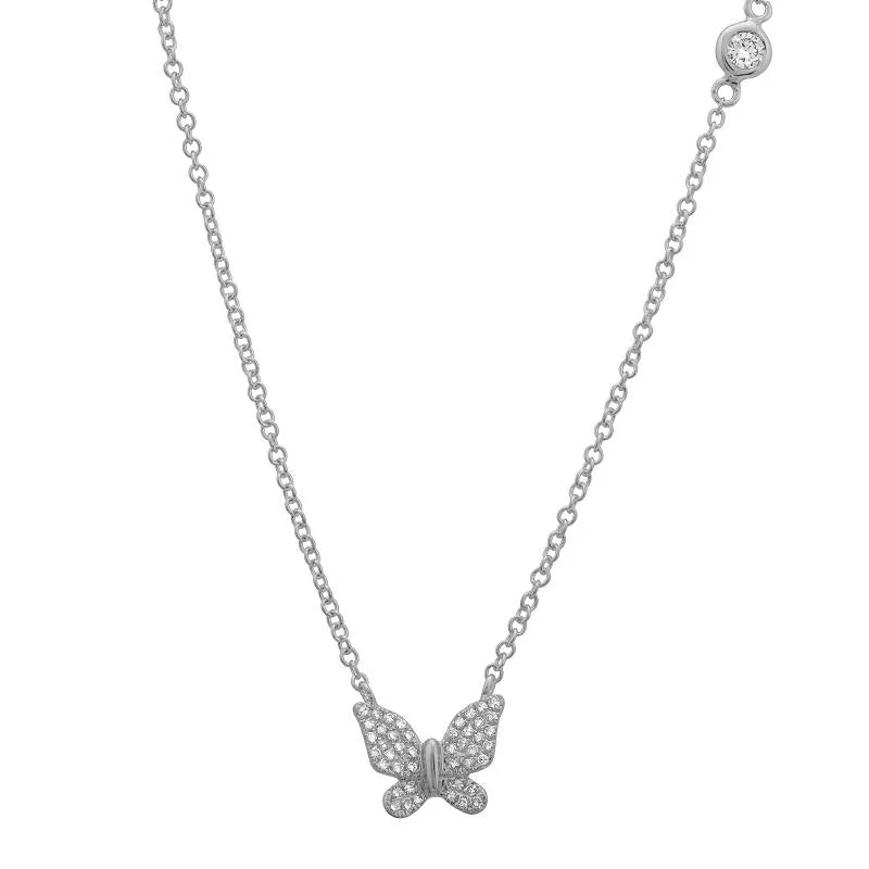 Turquoise Necklaces-14K White Gold Butterfly Necklace with Diamond Bezel Chain