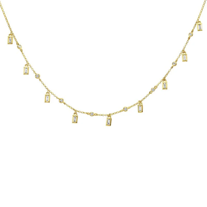 Custom Necklaces-14K Yellow Gold Baguette and Round Diamond Layering Necklace