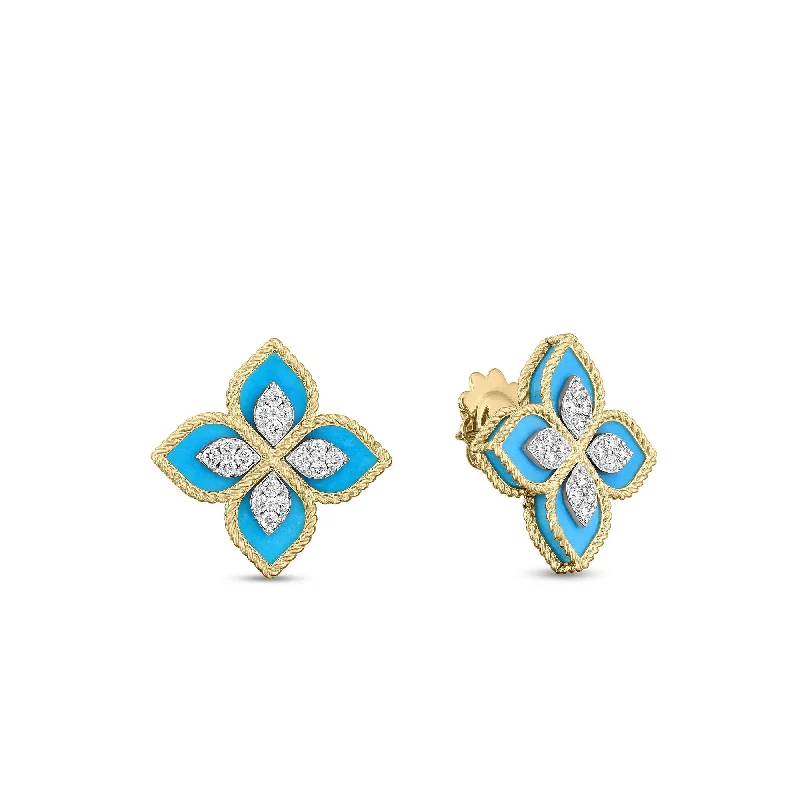 Turquoise Earrings-Venetian Princess Diamond and Stabilized Turquoise Earrings in 18K Yellow Gold