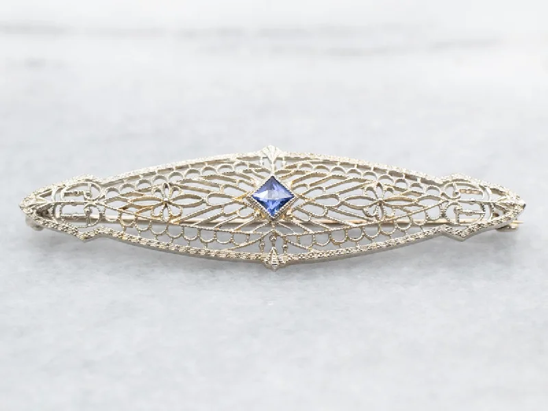 Vintage Gemstone Brooch-White Gold Art Deco Synthetic Sapphire Filigree Brooch