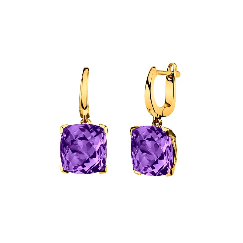 Gold Dangling Earrings-Cushion Amethyst Drop Earrings in 14K Yellow Gold