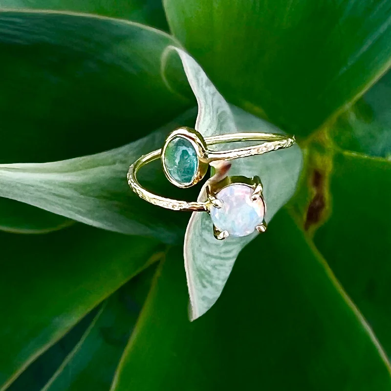 Yellow Gold Rings-Opal and Green Tourmaline Flex Ring