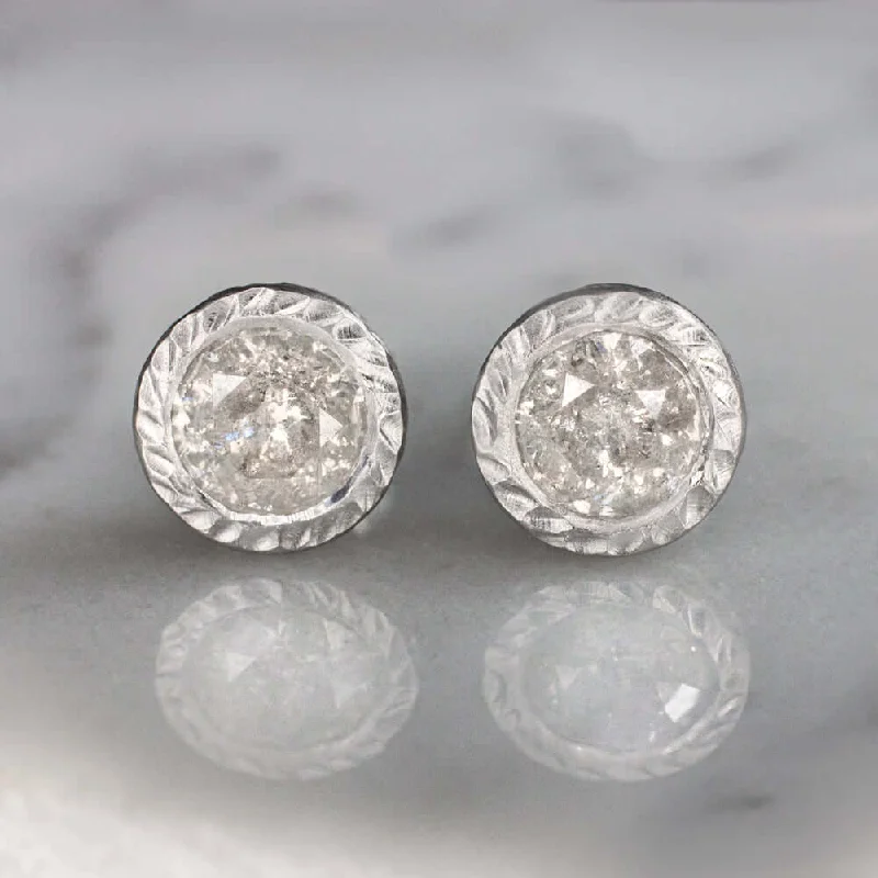 Chain Earrings-1.5ct NATURAL DIAMOND STUD EARRINGS RUSTIC HAMMERED 14K ROUND BEZEL SALT PEPPER