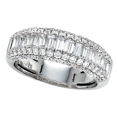 Women's Rings-Round & Baguette Diamond Prong Set 18K White Gold Wedding Band Ring