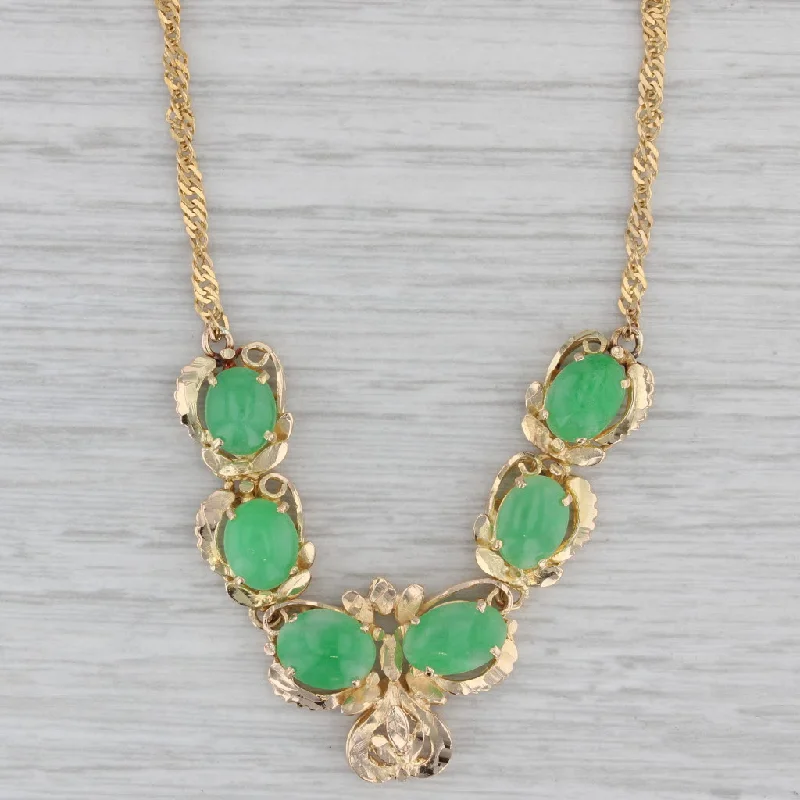 Pear Shaped Necklaces-Green Jadeite Jade V Necklace 14k Yellow Gold 17.25" Singapore Chain