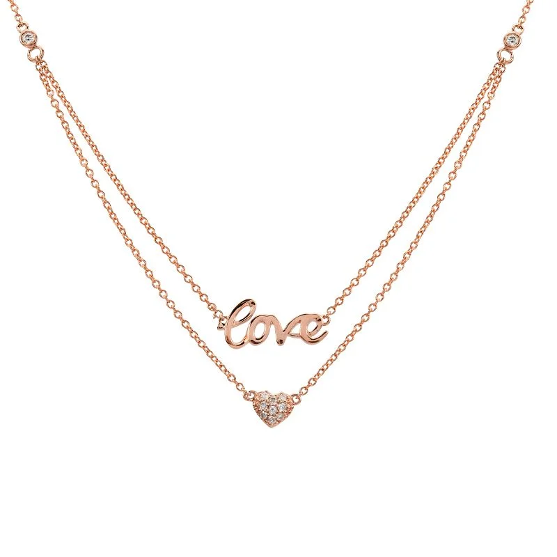 Elegant Silver Necklaces-14K Rose Gold Layered Diamond Love + Heart Necklace