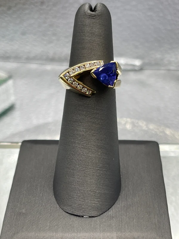 Pave Diamond Rings-Ladies Fabulous 14 Karat Yellow Gold Blue Sapphire & Diamond Ring