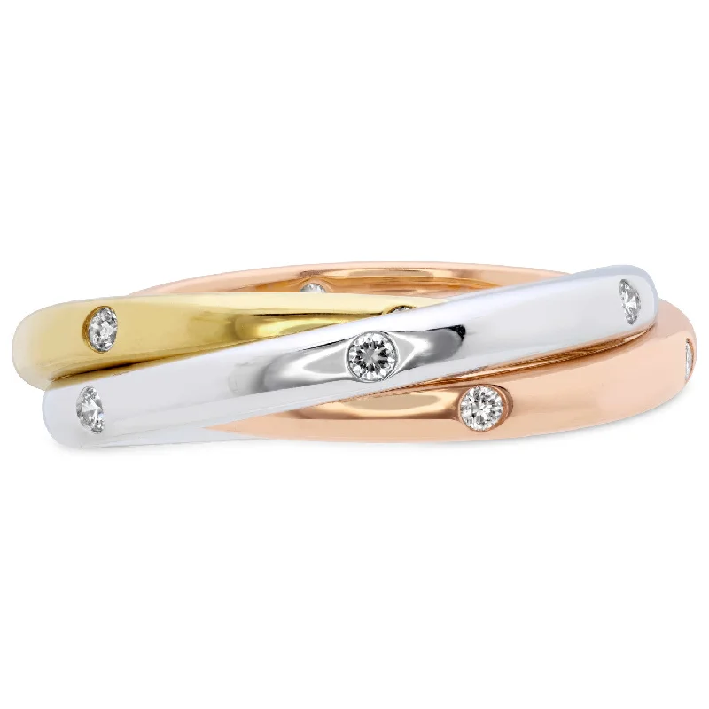 Wedding Bands for Couples-Memoire 18k Gold Tricolor Three-Row Burnished set Diamond Rolling Ring