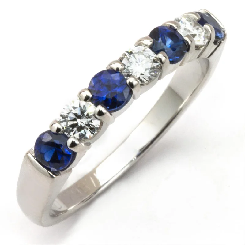 Simple Rings-Sapphire & Diamond Prong Set White Gold Wedding Band Ring 18K